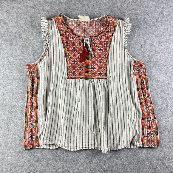 Savanna Jane Top Womens 3X Floral Embroidered Striped Flutter Sleeve Shirt Boho - Picture 1 of 13